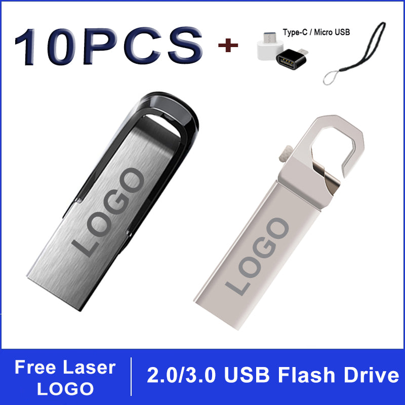 10PCS/Lot Metal USB Flash Drives 2.0 / 3.0 32GB 16GB 64GB Pen drive wholesale 4GB 8GB Memory Sticks Cars carry Free Custom Logo