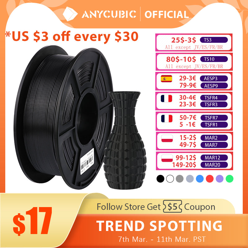 ANYCUBIC PLA Filament 1.75mm Plastic For 3D Printer 1kg/Roll Rubber Consumables Material for FDM 3D Printing Mega S Vyper