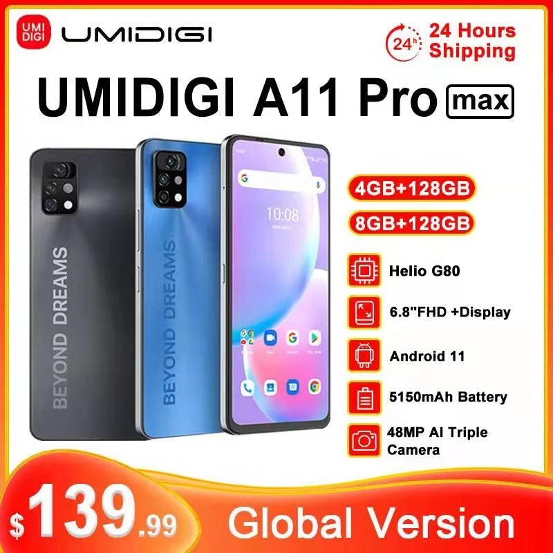 [24H Shipping]UMIDIGI A11 Pro Max 4/8GB+128GB Global Version 6.8&quot;FHD+Screen Helio G80 48MP AI Triple Camera 5150mAh Smartphone