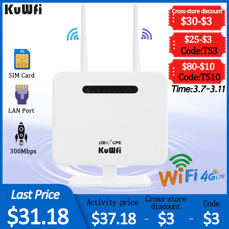 KuWFi 4G LTE Router Unlocked 300Mbps Wireless CPE Router&amp;Wireless Modem AP Router With Sim Card Solt 2*5Dbi External Antenna