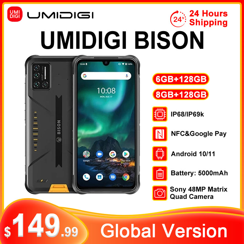 UMIDIGI BISON 6GB/8GB+128GB NFC Global Version Android 11 IP68/IP69K Waterproof Rugged Phone 48MP Matrix Quad Camera 6.3&quot; FHD+