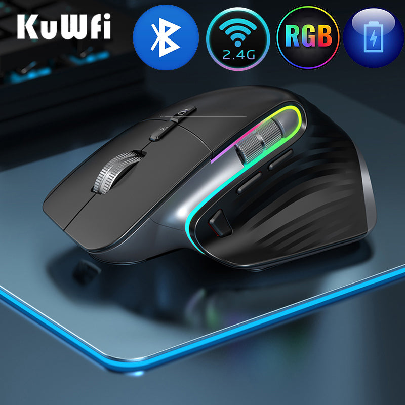 KuWFi Rechargeable Wireless Mouse Silent Gaming Mouse 2.4G&amp;Bluetooth Mause Ergonomic for PC Laptop 4000DPI 9 Button RGB Mice