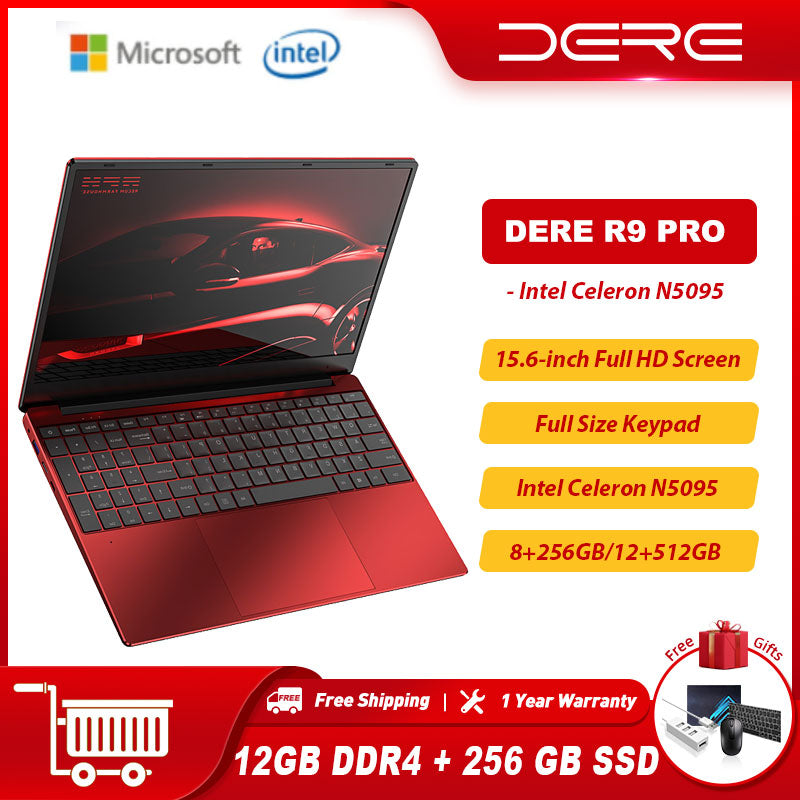 DERE R9 Pro Laptops 15.6 Inch Intel Celeron N5095 12GB RAM 512 SSD 1920*1080p Pc Portable Gaming Laptop Windows 10 Notebook