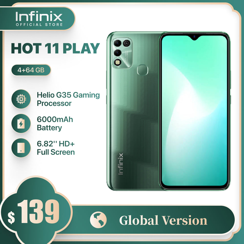 Global Version Infinix HOT 11 PLAY 6.82&#39;&#39; HD+ Display Smartphone 6000mAh Battery Helio G35 13MP AI Dual Rear Camera