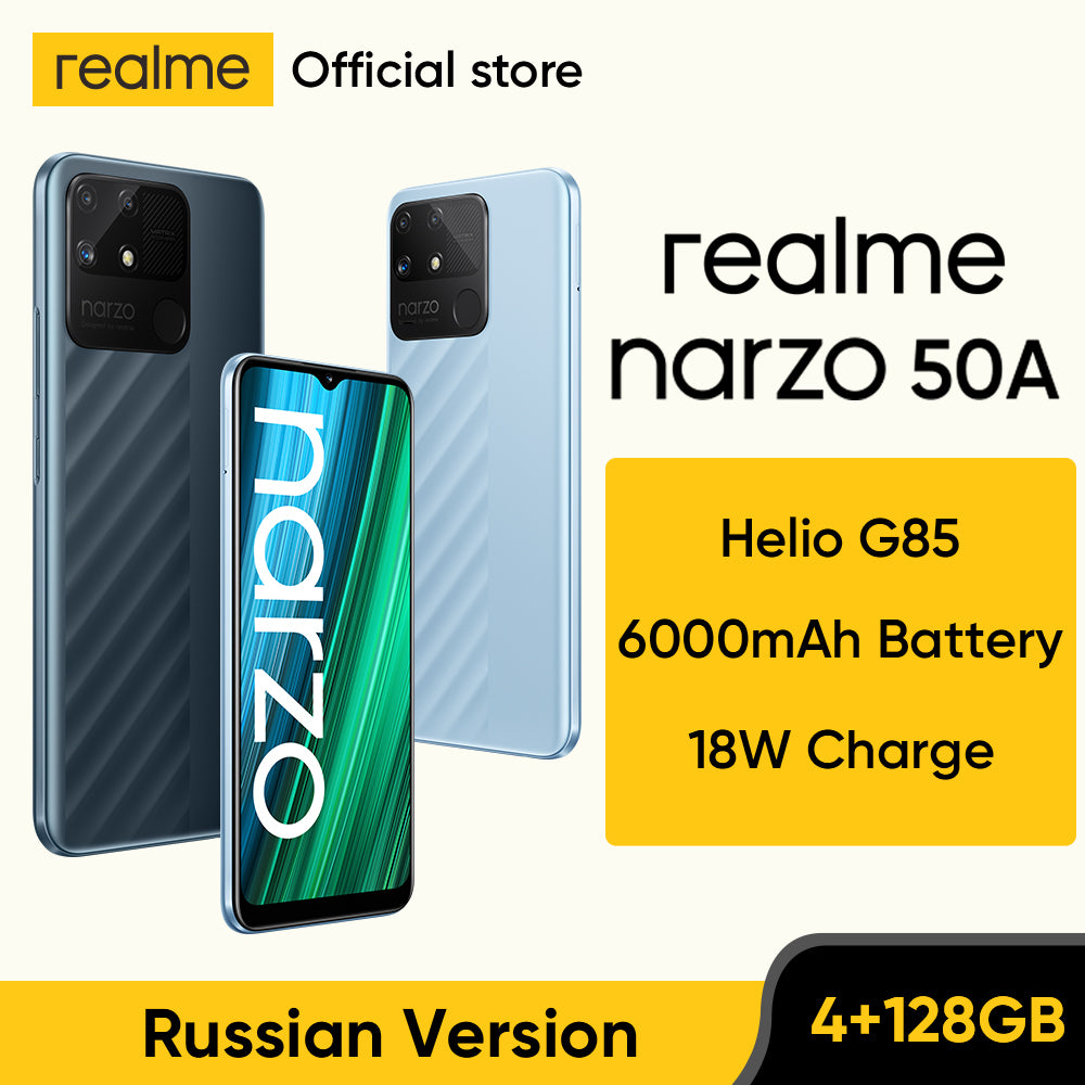 realme Narzo 50A New Smartphone Helio G85 Octa-core 6000mAh Mega Battery 50MP AI Triple Camera 6.5” Mini-drop Fullscreen NFC