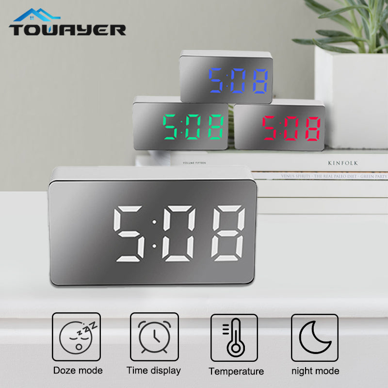 Mirror Digital Clock Alarm LED Display Snooze Wake Silent Calendar Temperature Desktop Dimmable Electronic Desk Clock Home Decor