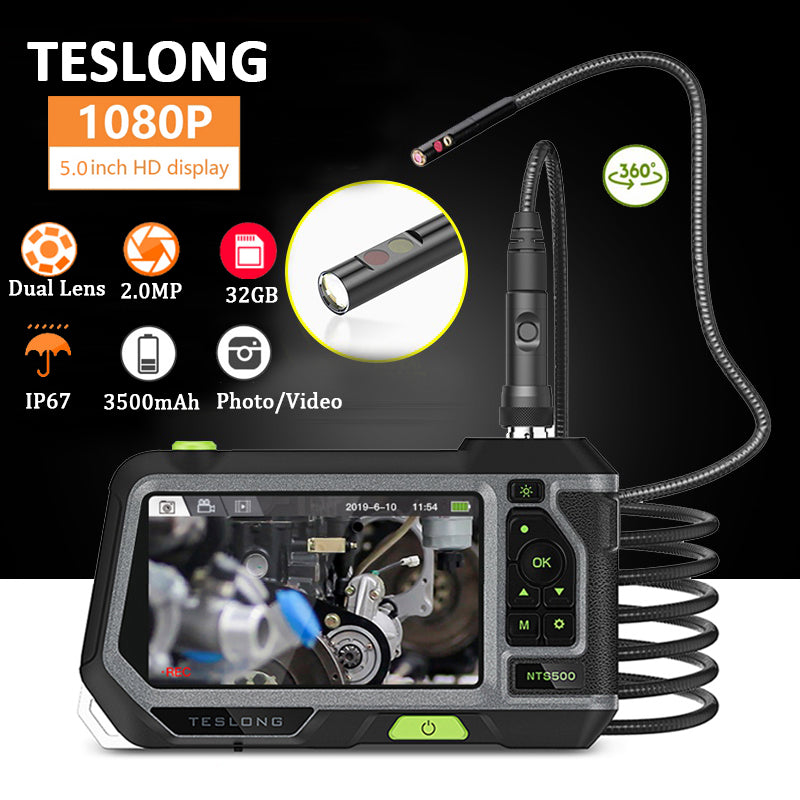 TESLONG NTS500 5.0&quot; LCD Screen 5.5mm Dual Lens Endoscope Camera HD 1080P Digital Videoscope Pipe Car Inspection Borescope 32GB