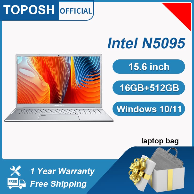 TOPOSH Laptop 15.6 inch Screen Intel Celeron N5095 16GB RAM 512GB SSD Business Netbook Windows 10 11 Gaming Notebook Computer