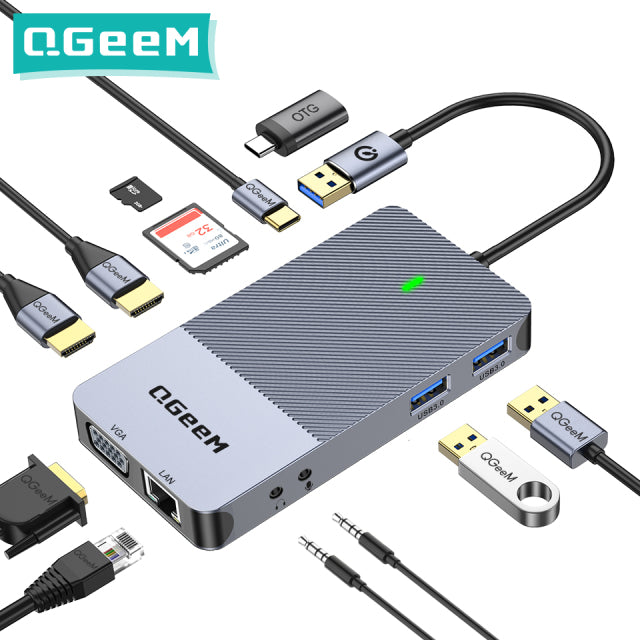 QGeeM Docking Station USB Hub 3.0 Triple Display Dual HDMI VGA USB Adapter Splitter for Xiaomi Laptops USB3.0 Hub PC Accessories