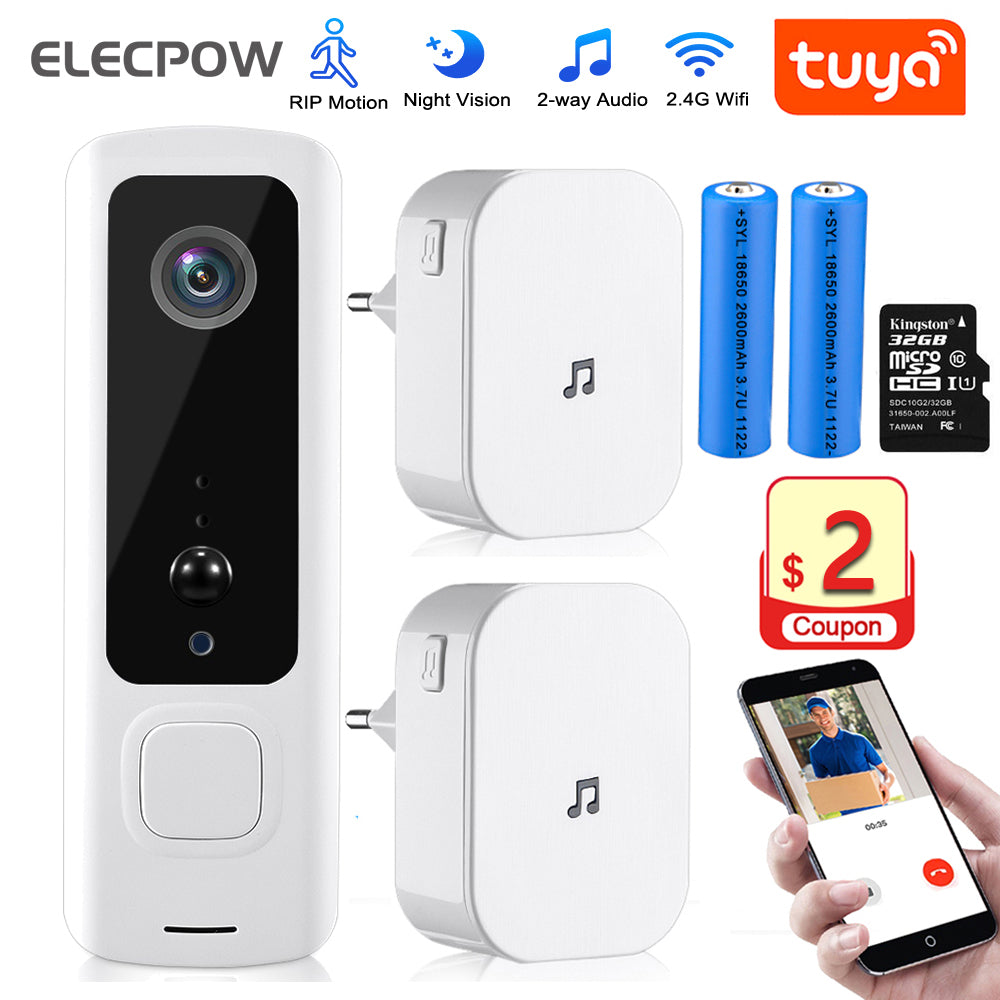 Elecpow Tuya Video Doorbell Smart Home Wireless WIFI Phone Intercom Door Bell 155 Degree View PIR Night Vision Security Camera