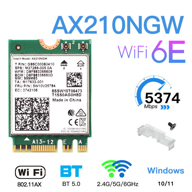 Tri Band WI-FI 6E AX210 M.2 NGFF 53740Mbps Wireless Network WiFi Card Intel AX210NGW 2.4G/5G/6Ghz 802.11ax Bluetooth5.2 Win10/11