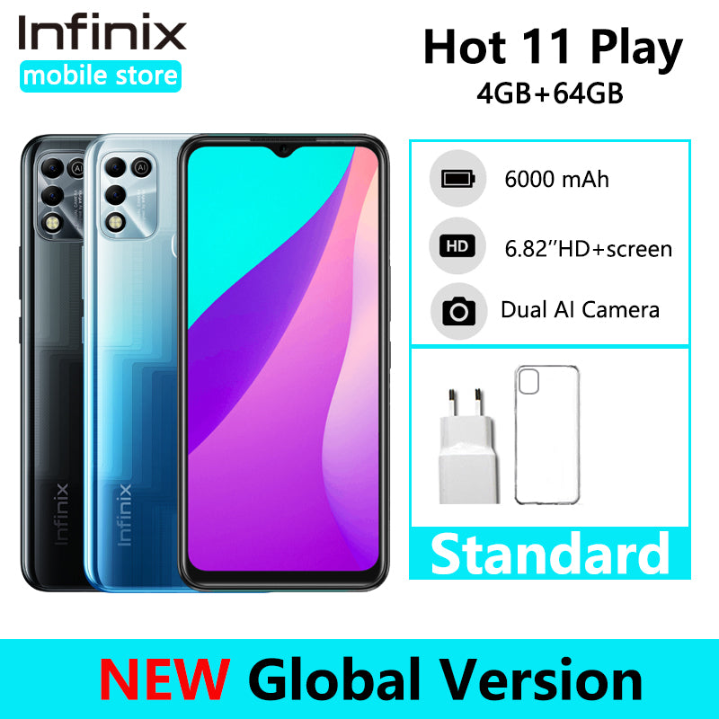 Infinix Hot 11 Play Global Version 6.82&#39;&#39; HD+ Display Smartphone 6000mAh Battery Helio G35 13MP AI Dual Rear Camera Android 11